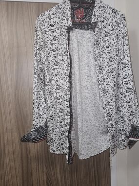 Men's White and Black Printed Casual Button-Down Shirt XL